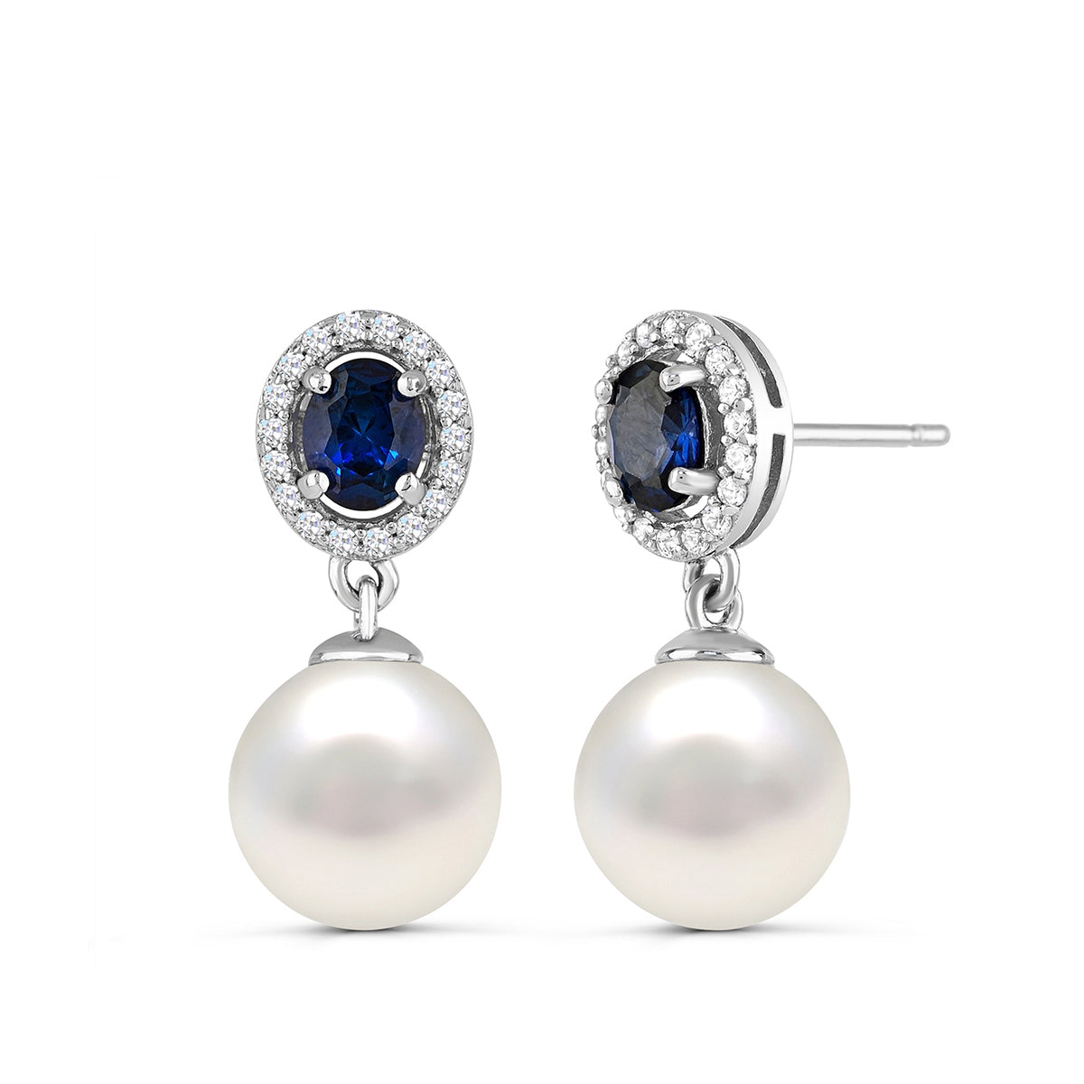 Cultured Freshwater Pearl & Created Oval Blue & White Sapphire Halo Dangle Earrings in Sterling Silver