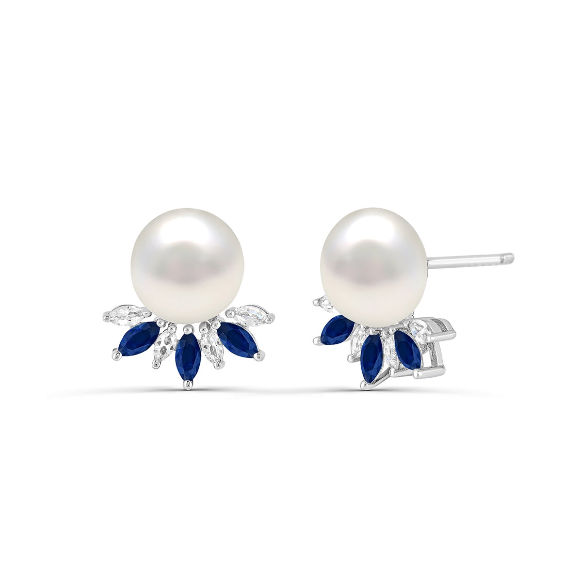 Cultured Freshwater Pearl & Created Marquise Blue & White Sapphire Earrings in Sterling Silver