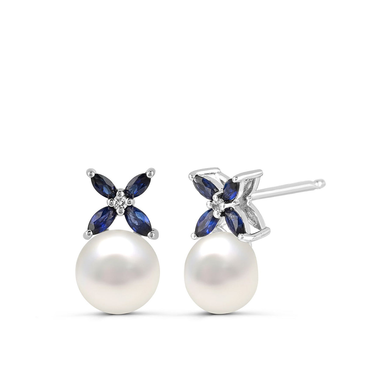 Cultured Freshwater Pearl & Created Marquise Sapphire Earrings in Sterling Silver