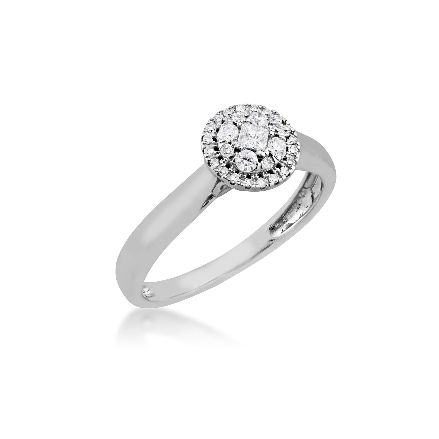 1/4 ct. tw. Princess Cut and Round Cluster Fashion Diamond Ring with Halo Design in 14K White Gold front view
