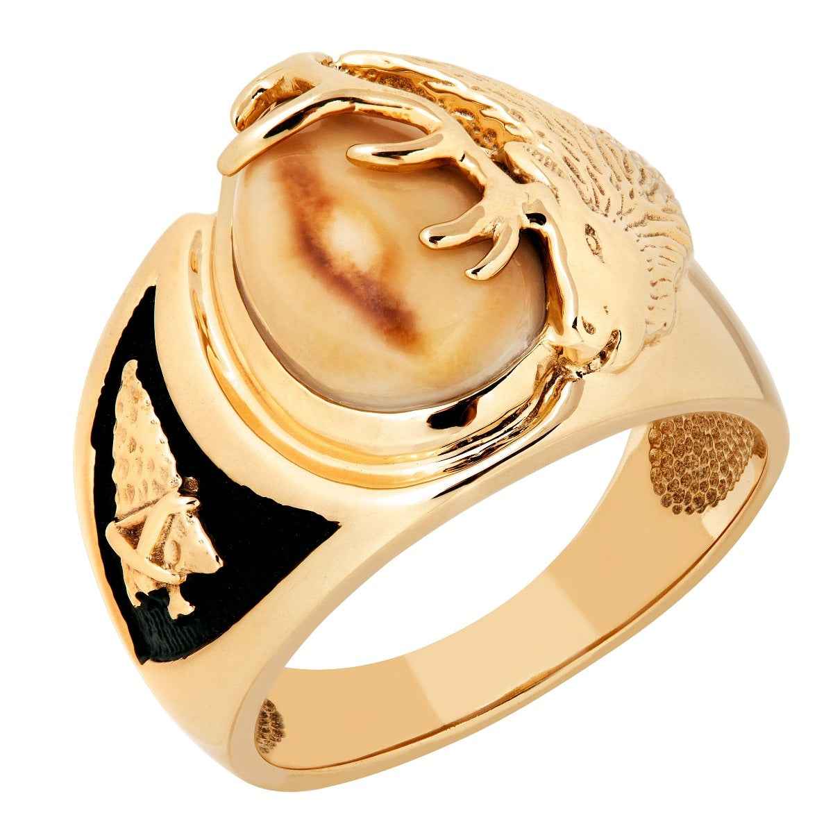 Men's Elk Ivory Arrowhead Ring with Black Enamel Accent in 14K Yellow Gold front view