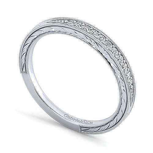 Gabriel & Co. 1/10 ct. tw. Round Diamond Wedding Band with Milgrain Detailing in 14K White Gold close-up detail