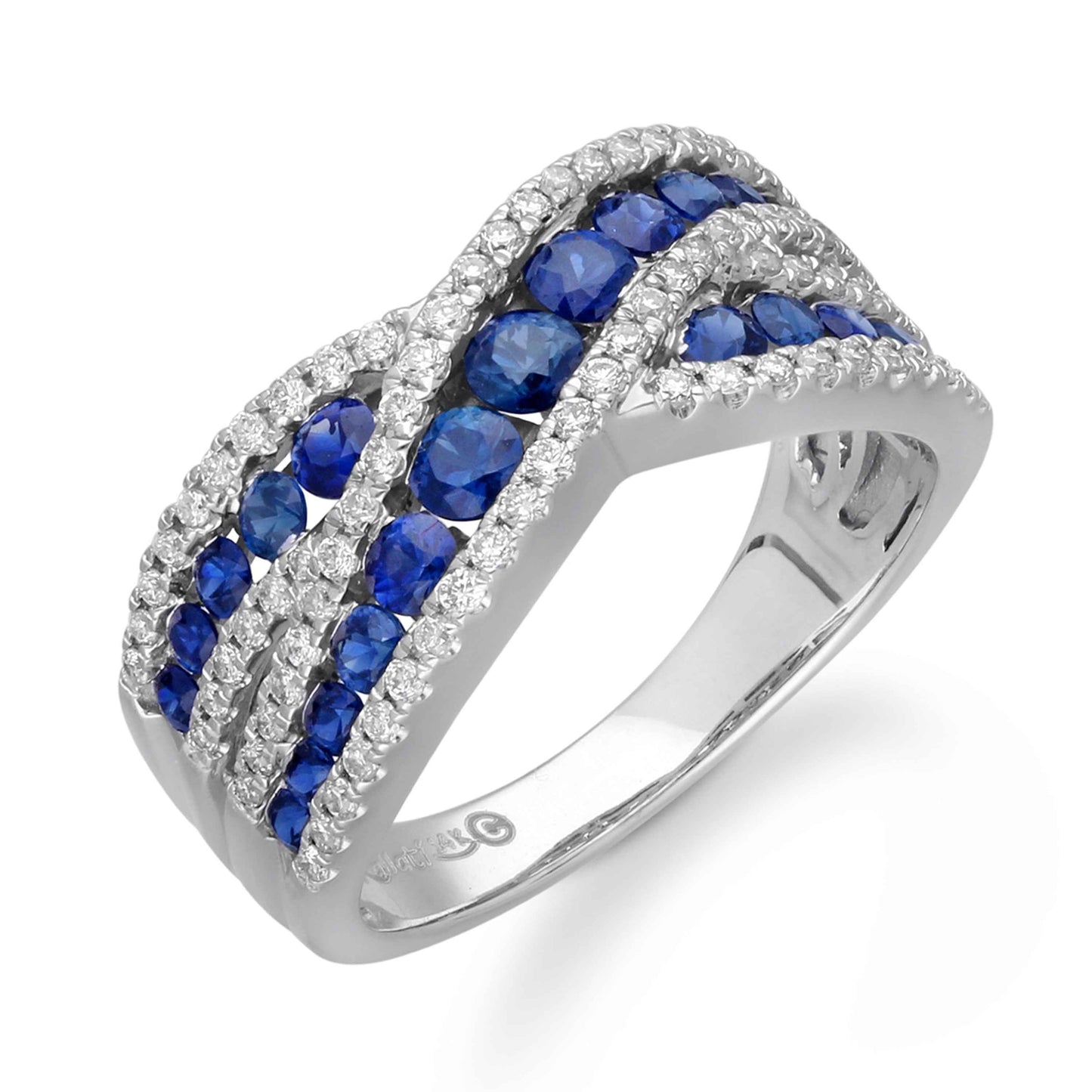 Kallati Channel Set Round Sapphire & 3/8 ct. tw. Diamond Crossover Ring in 14K White Gold