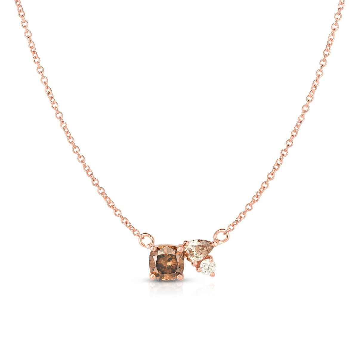 Mocha Lux 1/2 ct. tw. Treated Mocha Cushion, Pear, & Round Diamond Necklace in 14K Pink Gold