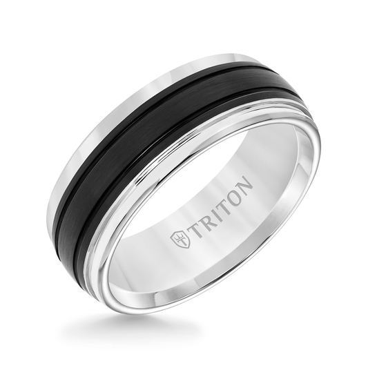 Triton Men's 8MM Black and White Tungsten Wedding Band front view