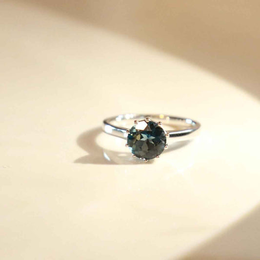 Round London Blue Topaz Solitaire Ring in 10K White Gold side profile
