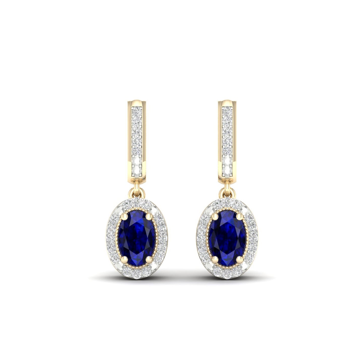 Blue Oval Sapphire and 1/10 ct. tw. Diamond Halo Earrings with Milgrain and Filigree Design in 10K Yellow close-up detail
