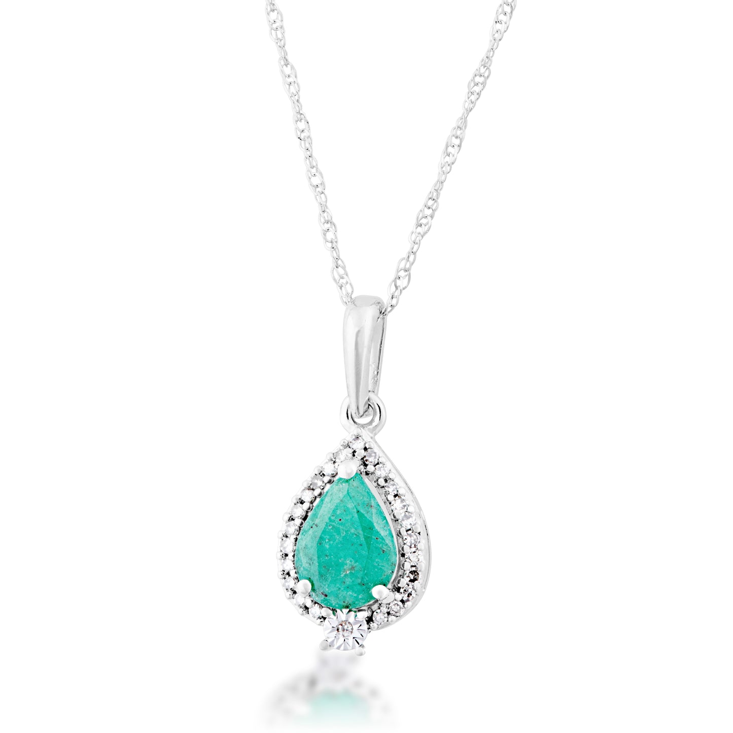 Genuine Pear Shaped Emerald with .06 ct. tw. Diamond Halo Necklace in 10K White Gold
