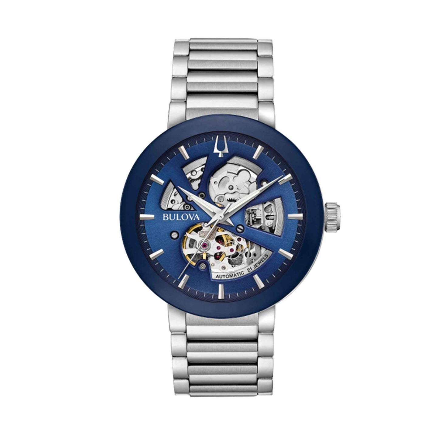 Bulova Men's Modern Stainless Steel Watch with Mechanical Designed Blue Dial and Silver Link Band