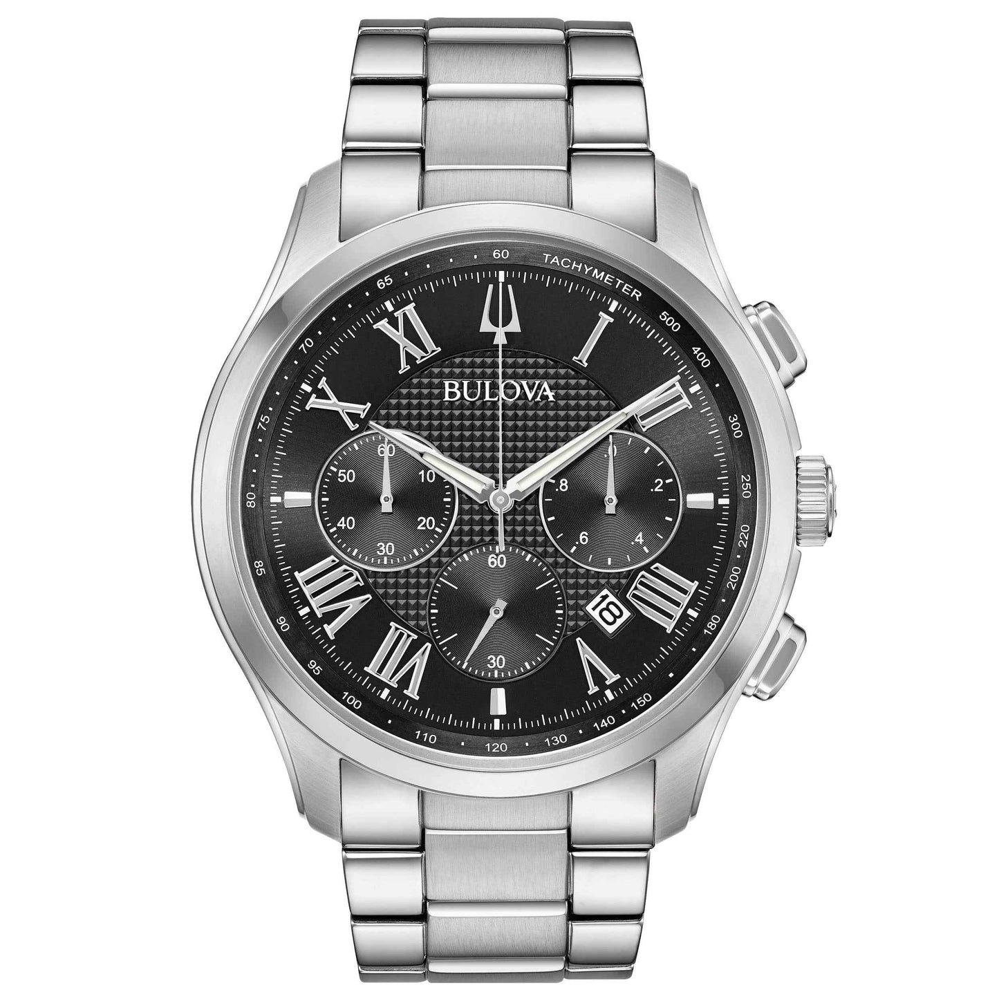 Bulova Men's Wilton Chronograph Stainless Steel Watch with Black Dial and Roman Numeral Markers