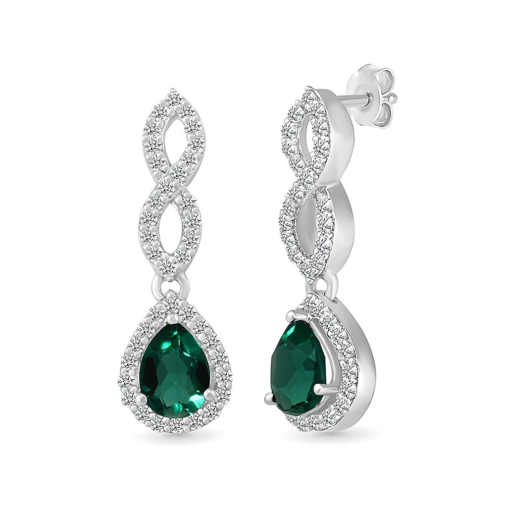 Created Pear Emerald & White Sapphire Twist Drop Earrings in Sterling Silver