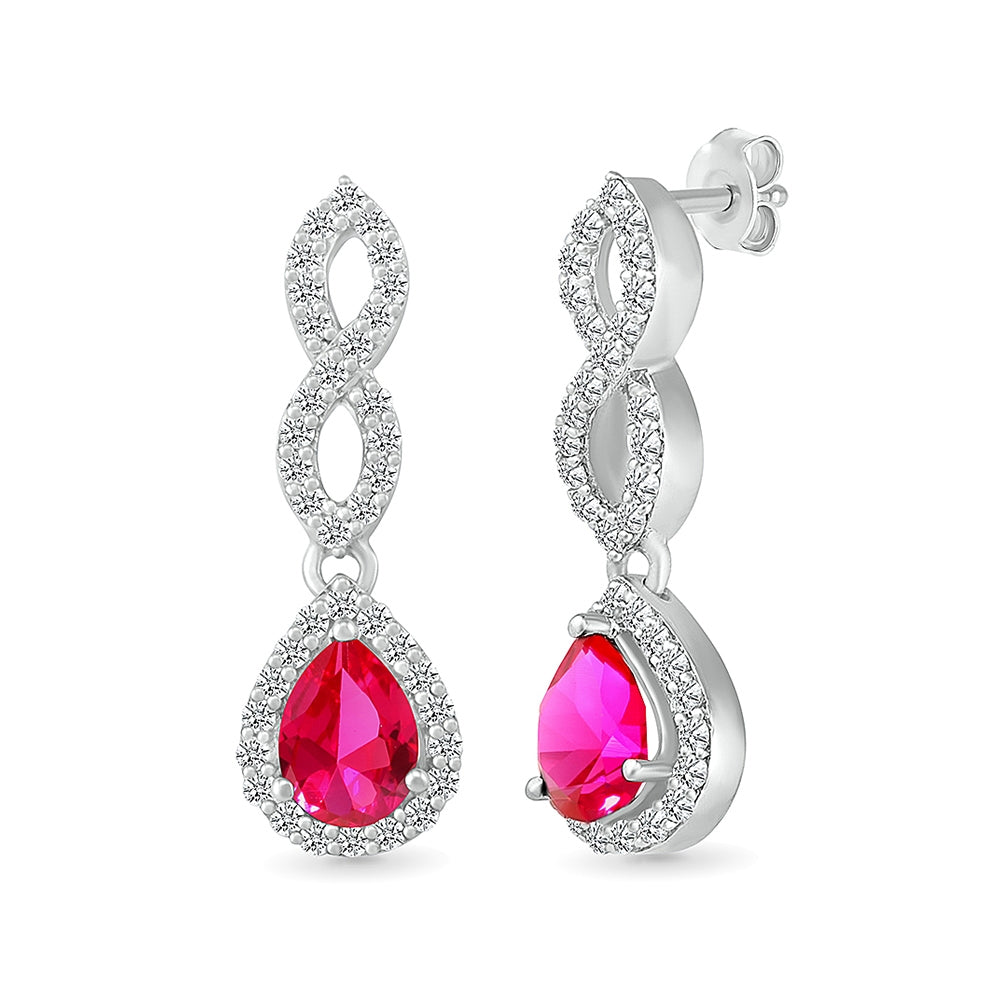 Created Pear Ruby & White Sapphire Twist Drop Earrings in Sterling Silver