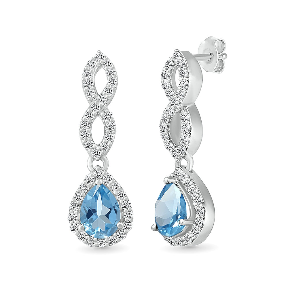 Pear Swiss Blue Topaz & Created White Sapphire Twist Drop Earrings in Sterling Silver