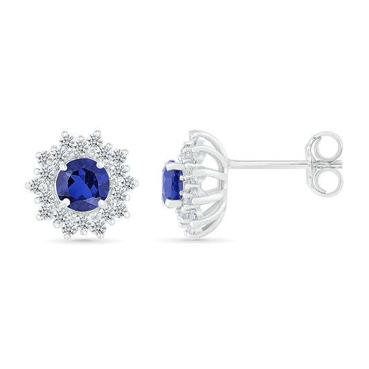 Round Sapphire & 1/4 ct. tw. Diamond Floral Halo Earrings in 10K White Gold close-up detail