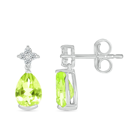Pear Peridot & Diamond Accent Drop Earrings in 10K White Gold close-up detail