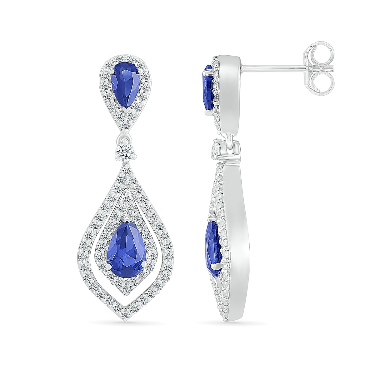 Created Pear Sapphire & Created White Sapphire Pointed Teardrop Earrings in Sterling Silver close-up detail