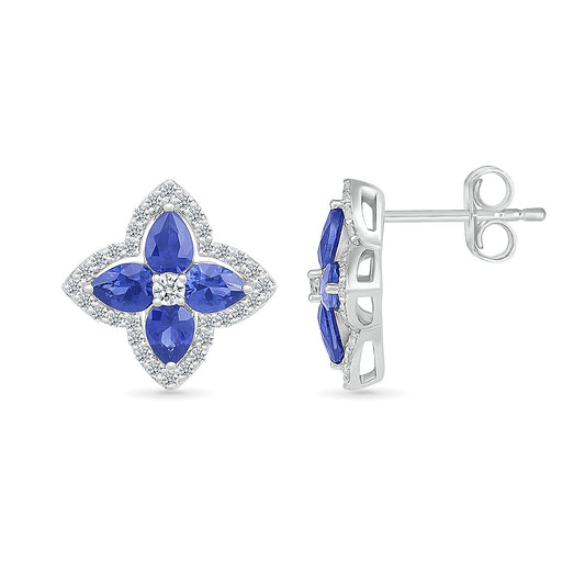 Pear Sapphire & 1/3 ct. tw. Diamond Floral Earrings in 10K White Gold close-up detail