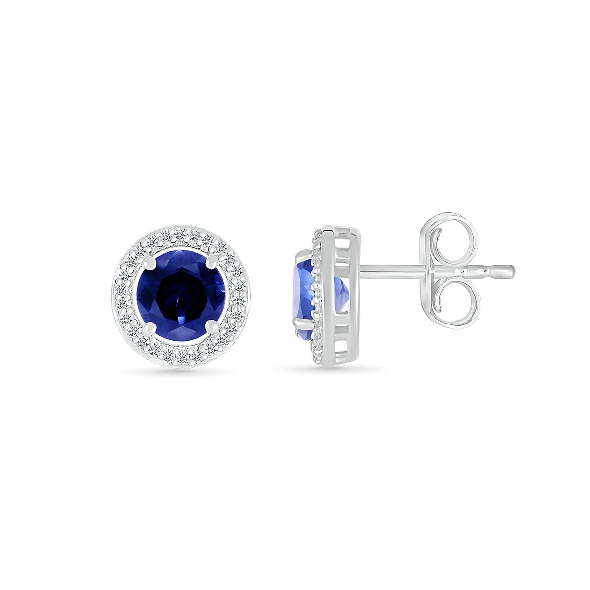 Round Sapphire & 1/10 ct. tw. Diamond Halo Earrings in 10K White Gold close-up detail