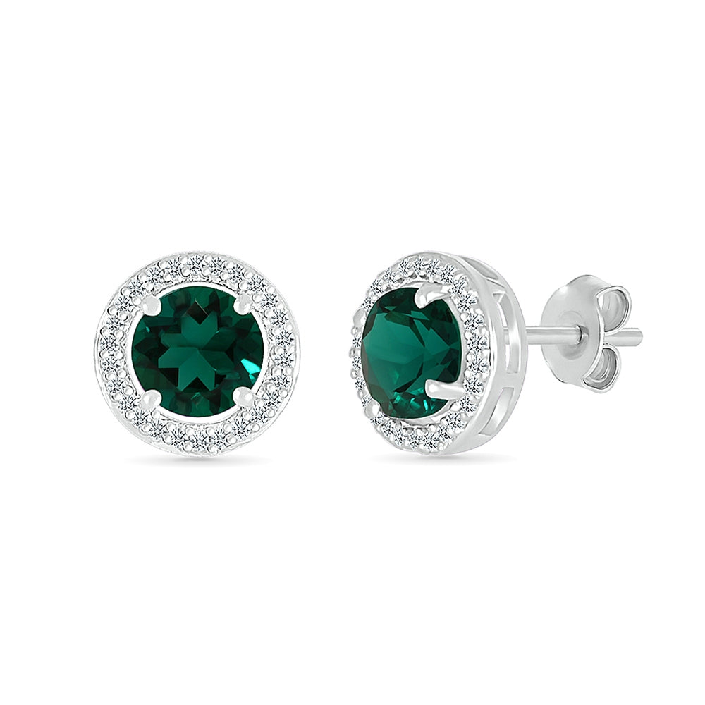 Created Round Emerald & White Sapphire Halo Earrings in Sterling Silver