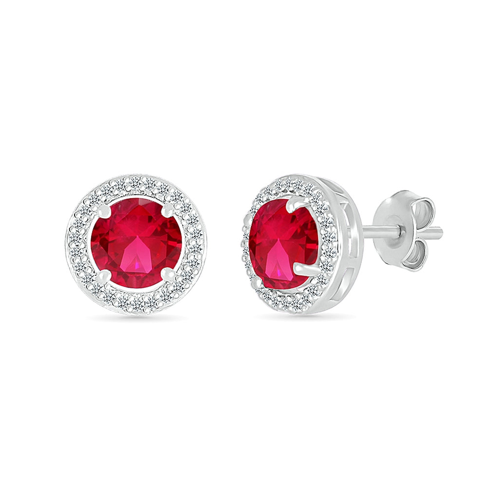 Created Round Ruby & White Sapphire Halo Earrings in Sterling Silver