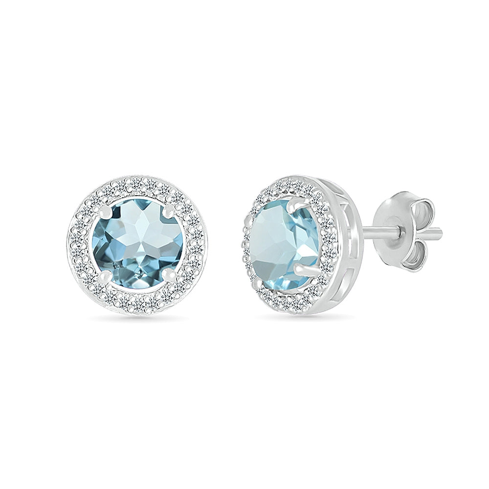Round Swiss Blue Topaz & Created White Sapphire Halo Earrings in Sterling Silver