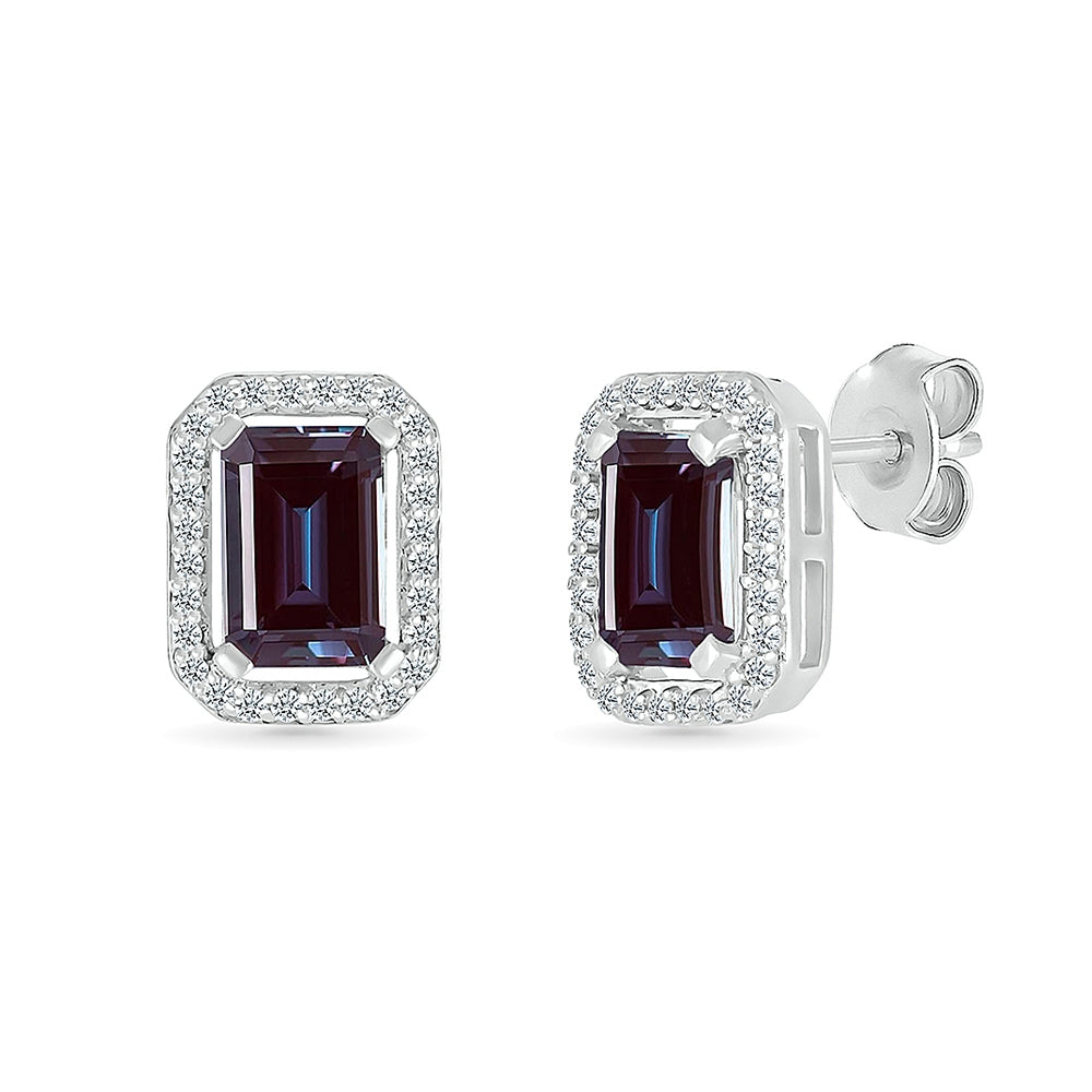 Created Emerald Cut Alexandrite & White Sapphire Halo Earrings in Sterling Silver