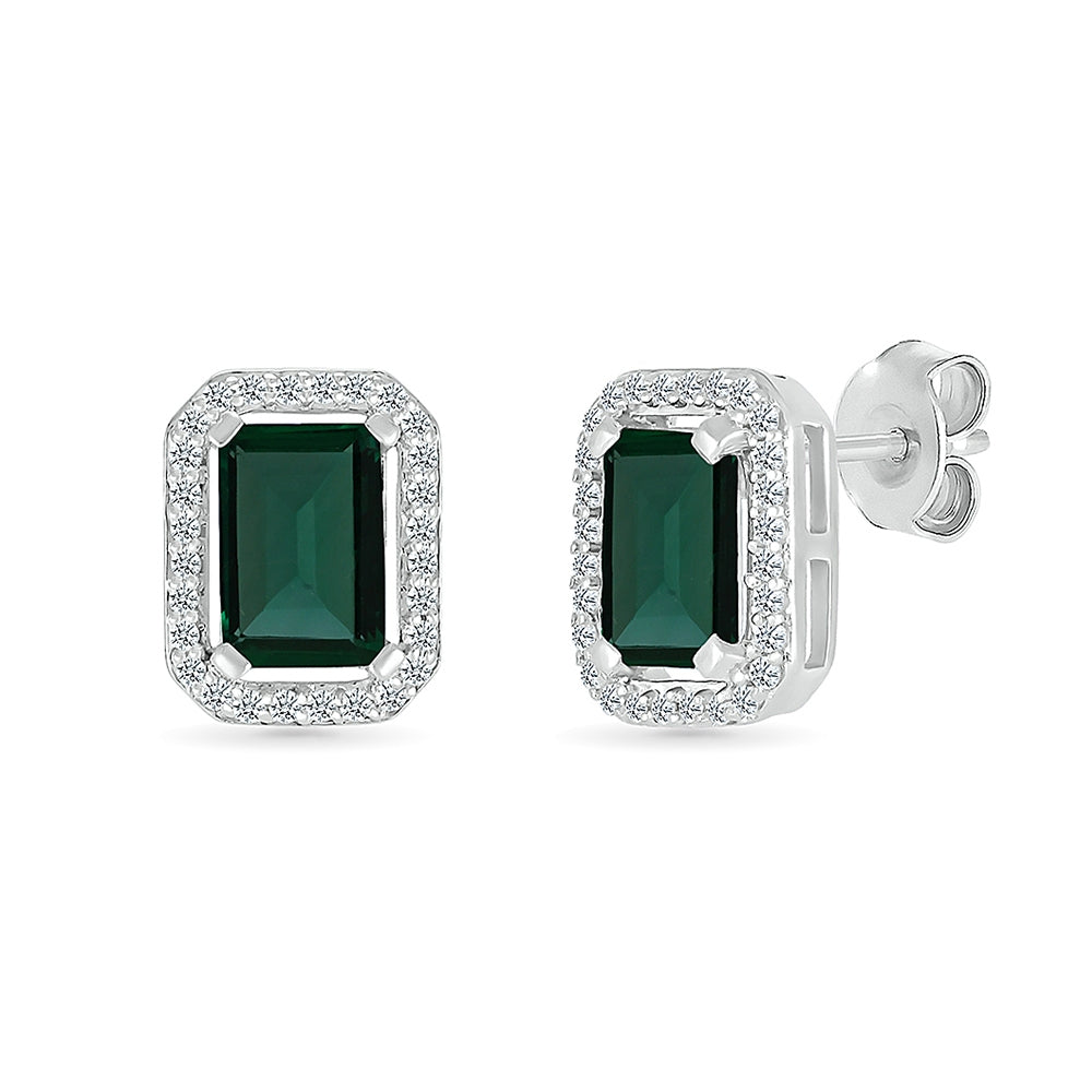 Created Emerald Cut Emerald & White Sapphire Halo Earrings in Sterling Silver