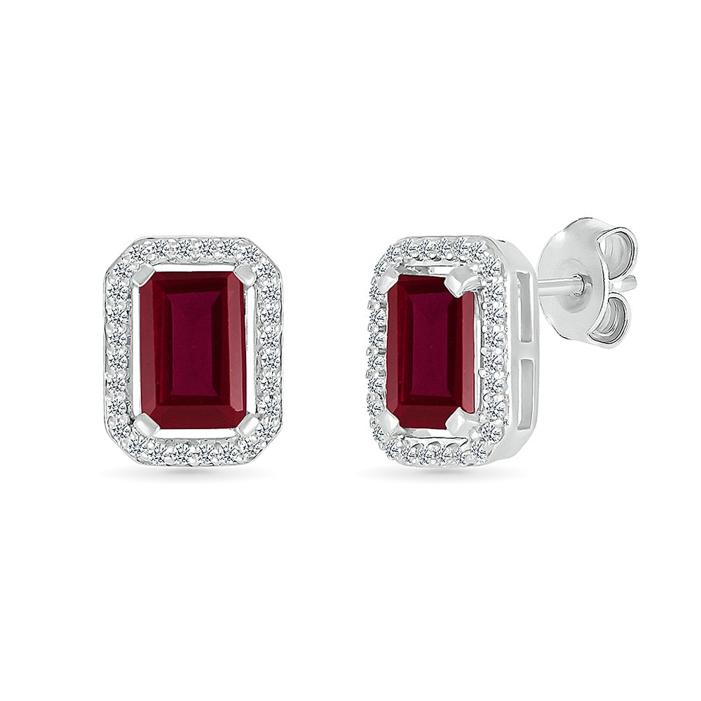 Created Emerald Cut Ruby & White Sapphire Halo Earrings in Sterling Silver