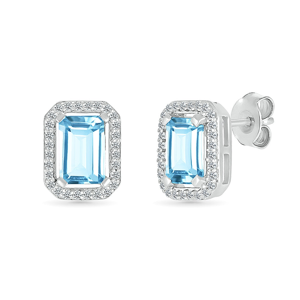 Emerald Cut Swiss Blue Topaz & Created White Sapphire Halo Earrings in Sterling Silver
