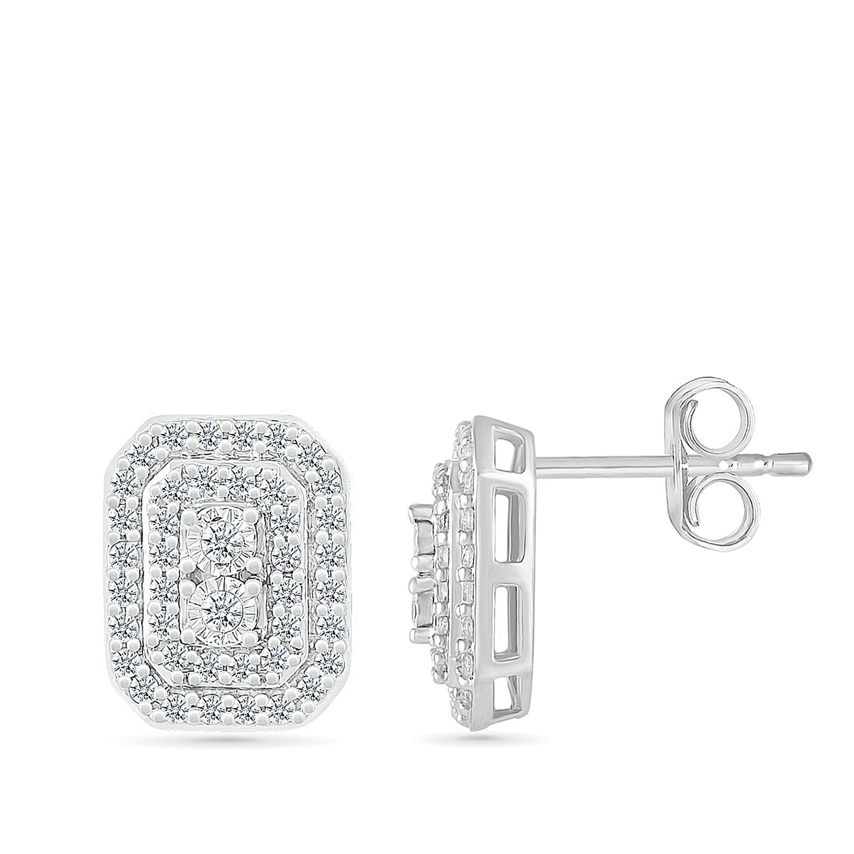 Fairytale Diamonds 1/2 ct. tw. Diamond Emerald-Shaped Cluster Stud Earrings with Miracle Plates in 10K White close-up detail