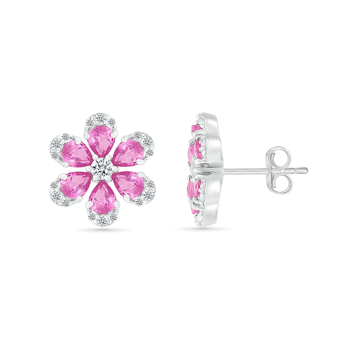 Created Pink & White Sapphire Flower Earrings in Sterling Silver close-up detail