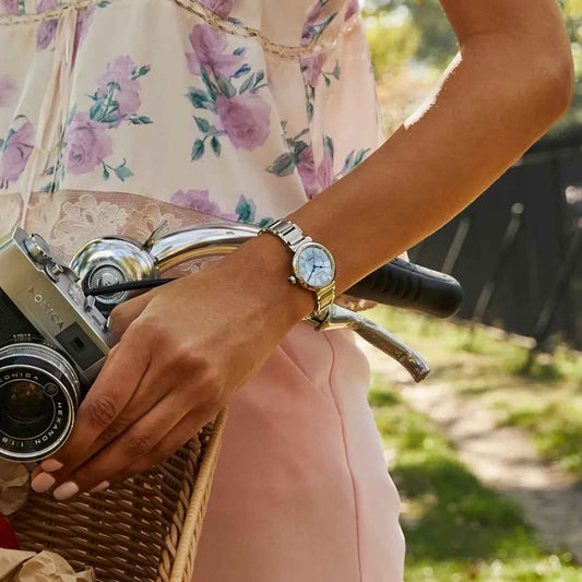 Citizen Ladies' L Mae Eco-Drive Stainless Steel Watch with Blue Mother of Pearl Dial close-up detail