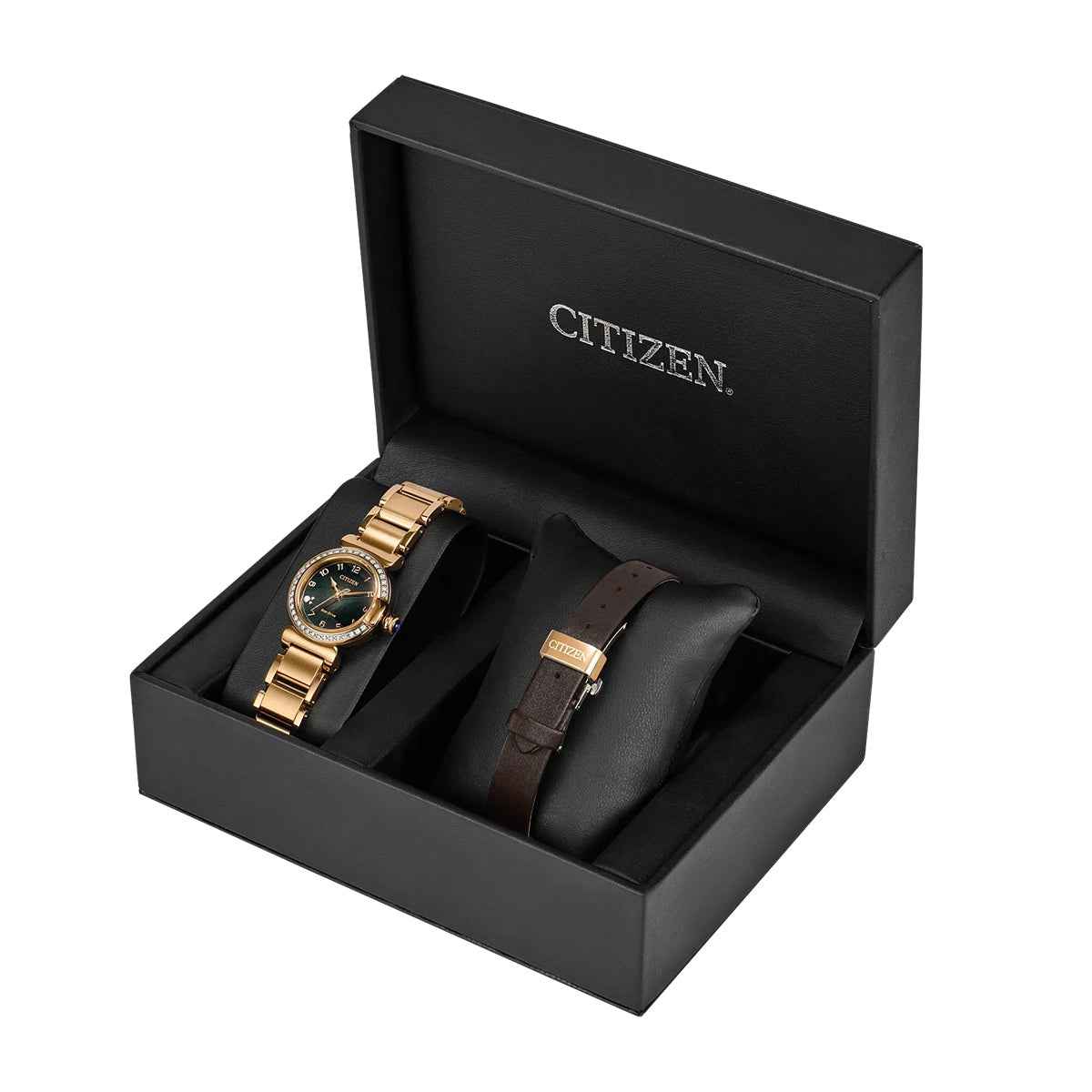 Citizen Ladies' L Mae Eco-Drive Gold-Tone Stainless Steel Watch with Green Dial close-up detail