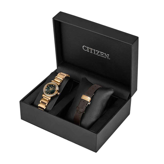 Citizen Ladies' L Mae Eco-Drive Gold-Tone Stainless Steel Watch with Green Dial close-up detail