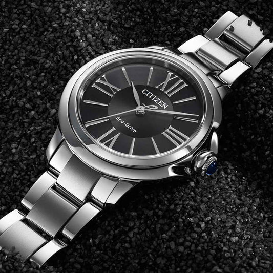 Citizen Ladies' L Ceci Eco-Drive Stainless Steel Watch with Black Dial close-up detail