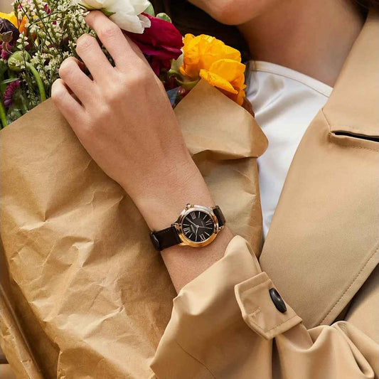 Citizen Ladies' L Ceci Eco-Drive Rose Gold-Tone Stainless Steel Watch with Brown Dial & Leather Strap close-up detail