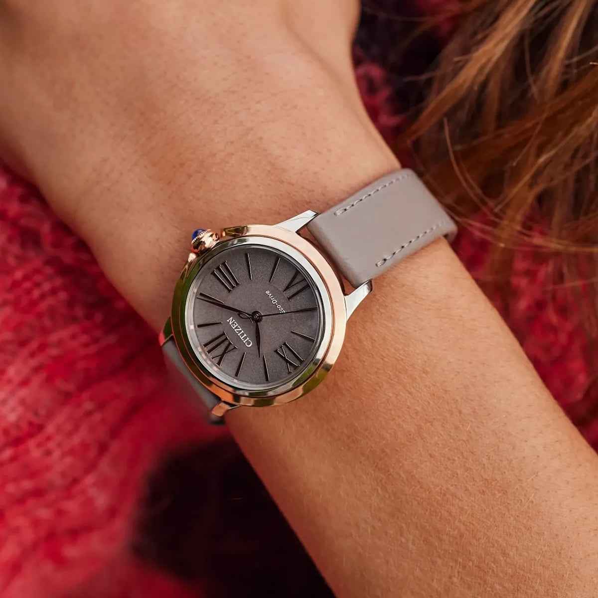 Citizen Ladies' L Ceci Eco-Drive Rose Gold-Tone Stainless Steel Watch with Taupe Dial & Leather Strap close-up detail