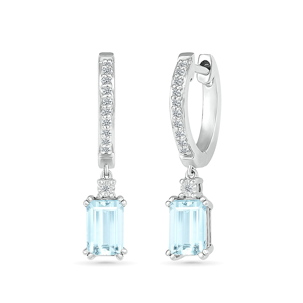 Emerald Cut Aquamarine & Created White Sapphire Huggie Hoop Drop Earrings in 10K White Gold