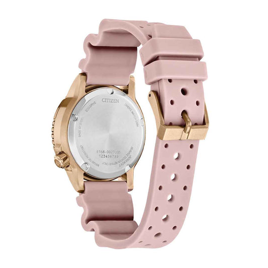 Citizen Ladies' Promaster Dive Eco-Drive Rose Gold-Tone Stainless Steel Watch with Silver Dial & Pink Polyurethane front view