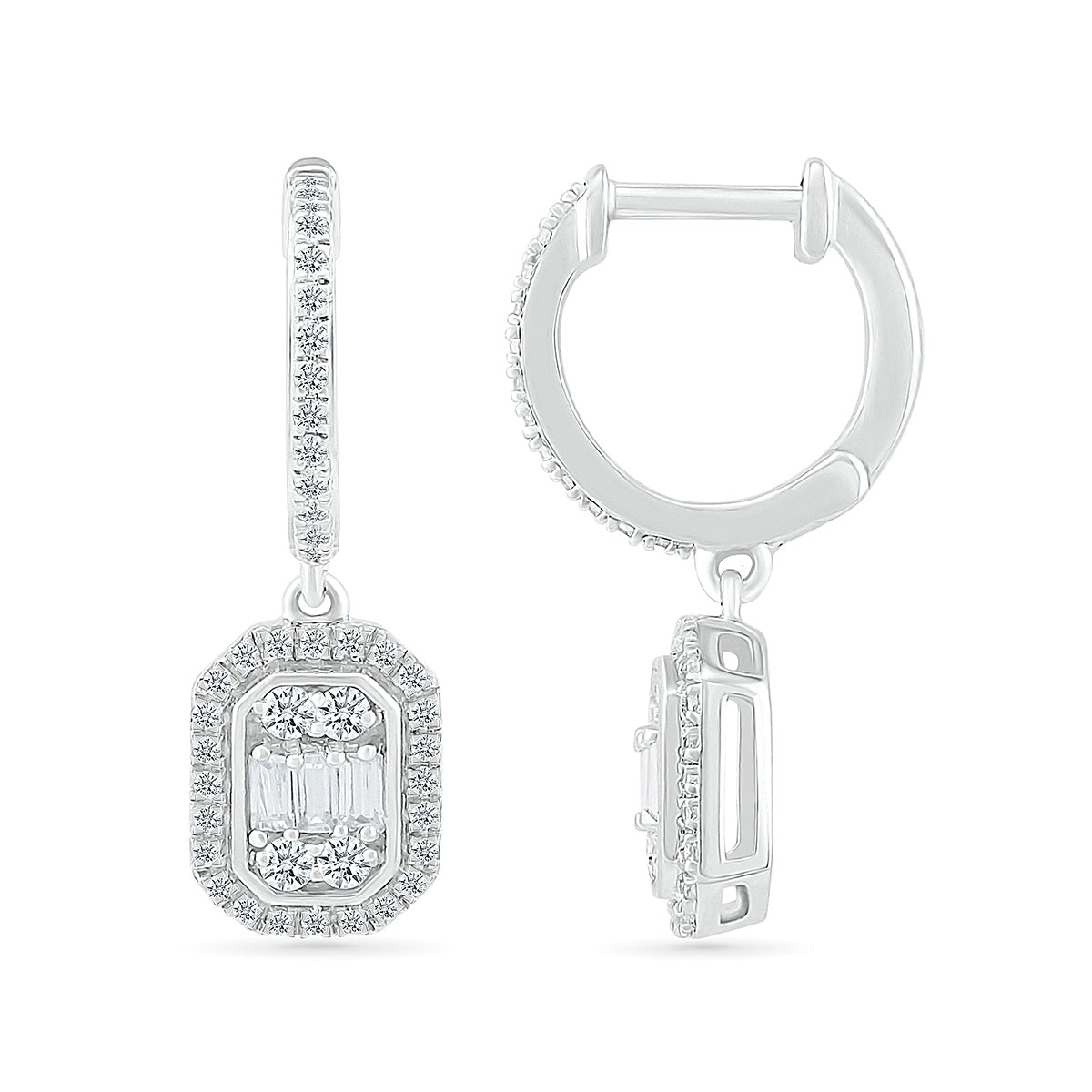 1/2 ct. tw. Round & Baguette Diamond Emerald-Shaped Cluster Drop Hoop Earrings in 10K White Gold close-up detail