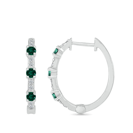 Emerald & 1/6 ct. tw. Diamond Hoop Earrings in 10K White Gold close-up detail
