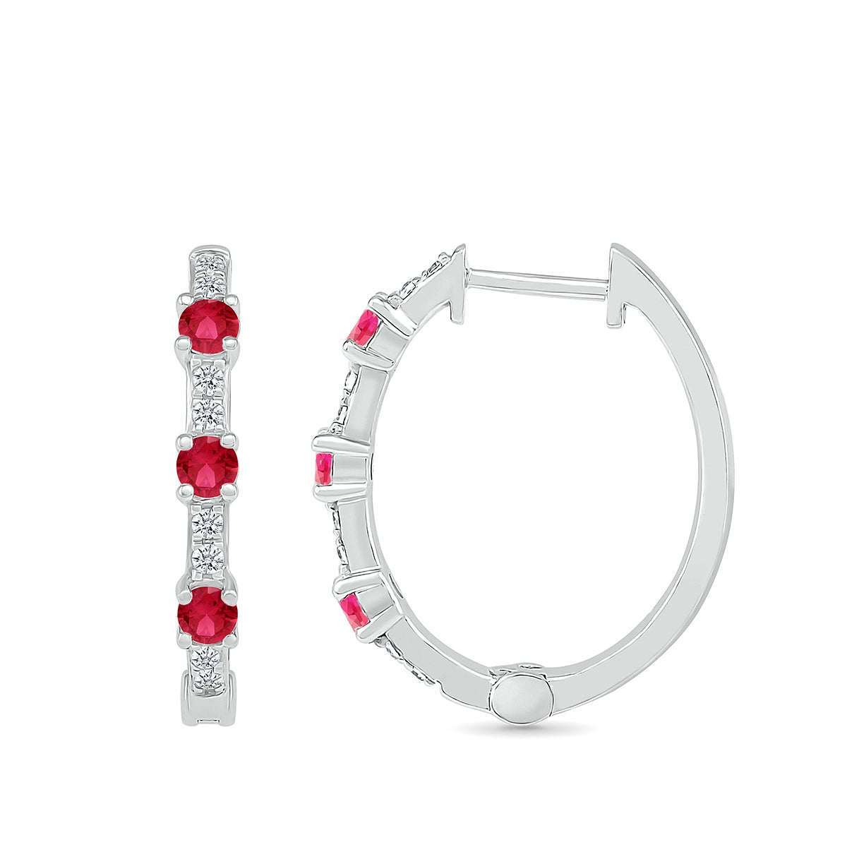 Ruby & 1/6 ct. tw. Diamond Hoop Earrings in 10K White Gold close-up detail