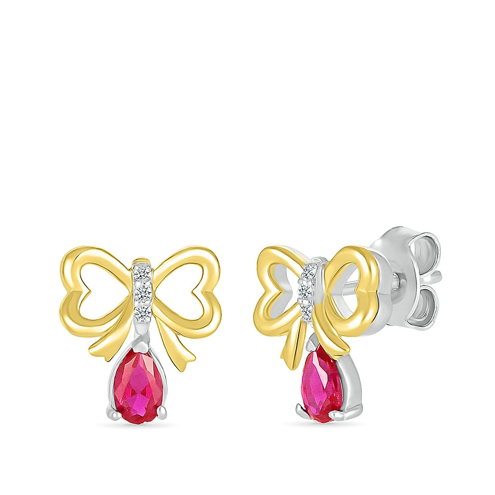 Created Pear Ruby & White Sapphire Bow Earrings in Sterling Silver & 10K Yellow Gold