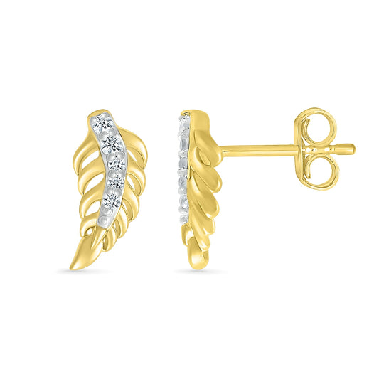 Diamond Accent Petite Leaf Earrings in 10K Yellow Gold close-up detail