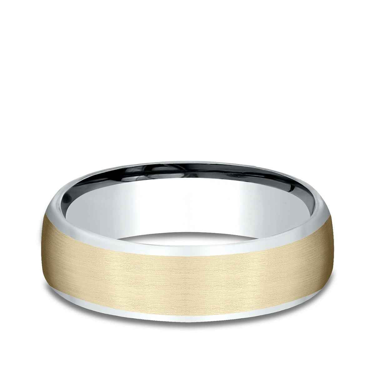 Benchmark Men's 6.5mm Contrast Edge Satin Finish Wedding Ring in 14K White & Yellow Gold