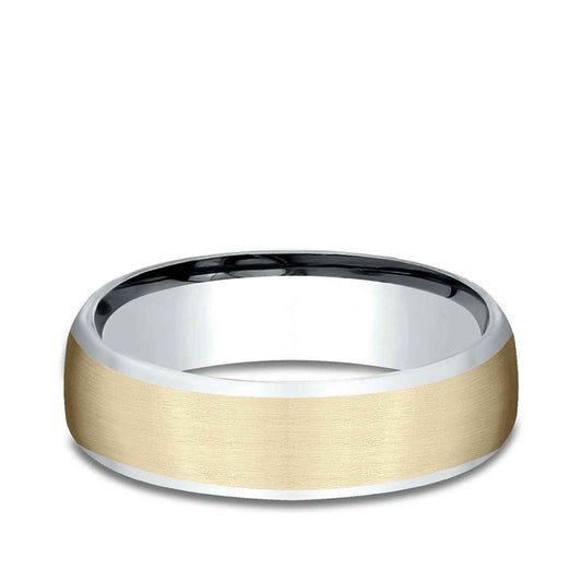 Benchmark Men's 6.5mm Contrast Edge Satin Finish Wedding Ring in 14K White & Yellow Gold