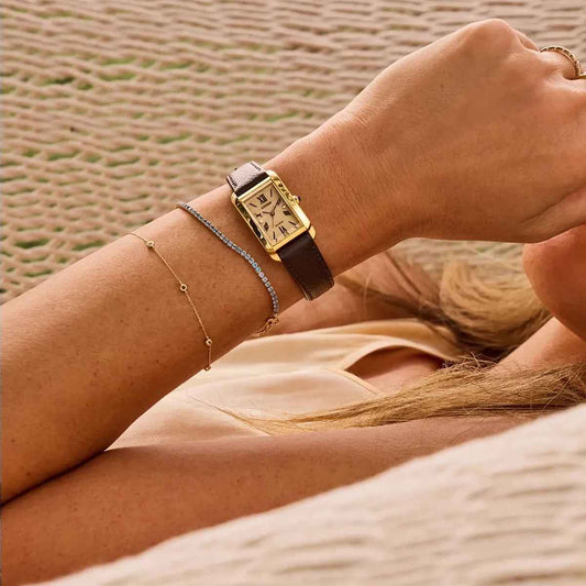 Citizen Ladies' L Bianca Eco-Drive Gold-Tone Stainless Steel Watch with Gold Dial & Gray Leather Strap close-up detail