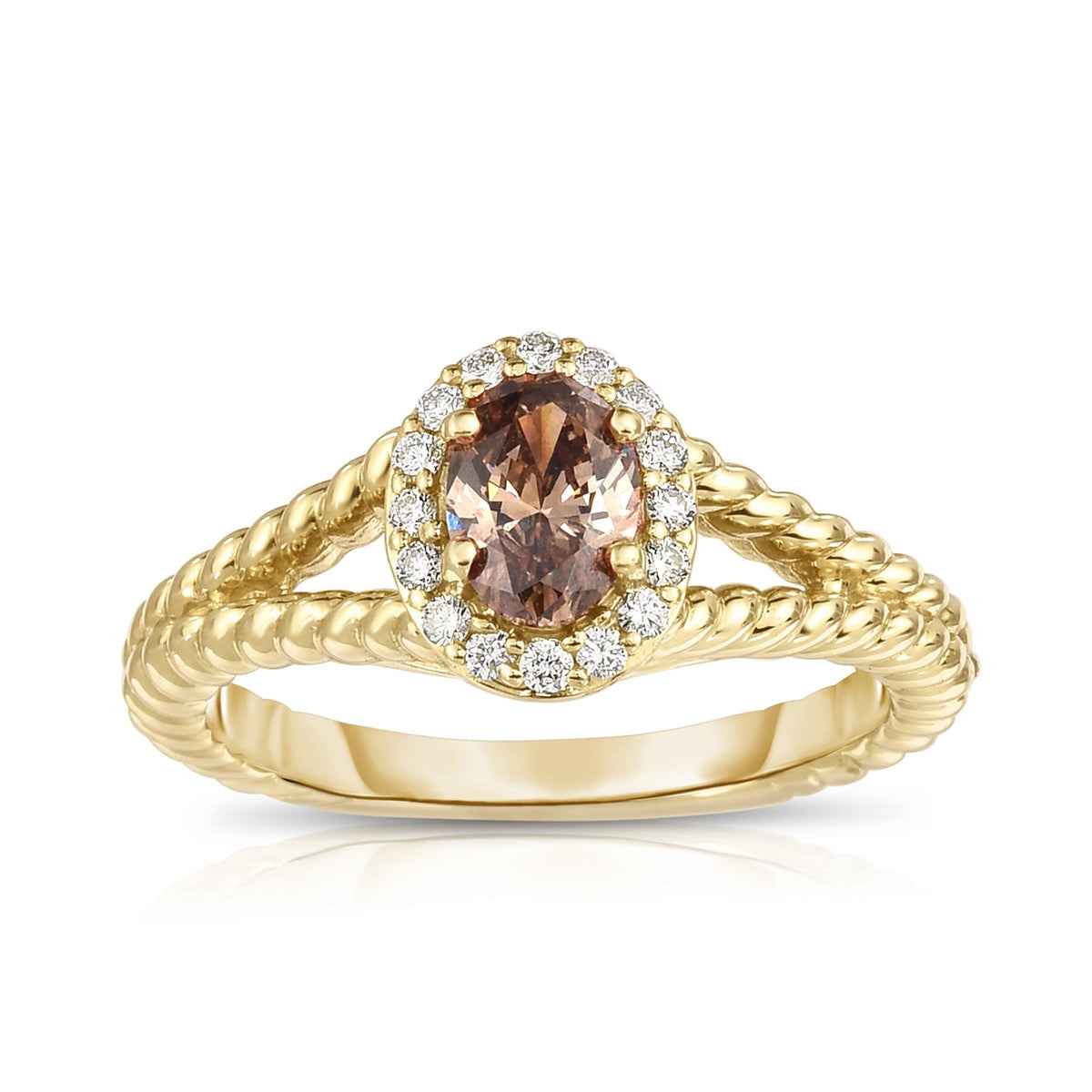 Mocha Lux 2/3 ct. tw. Oval Mocha Diamond Halo Engagement Ring with Rope Split Shank in 14K Yellow Gold