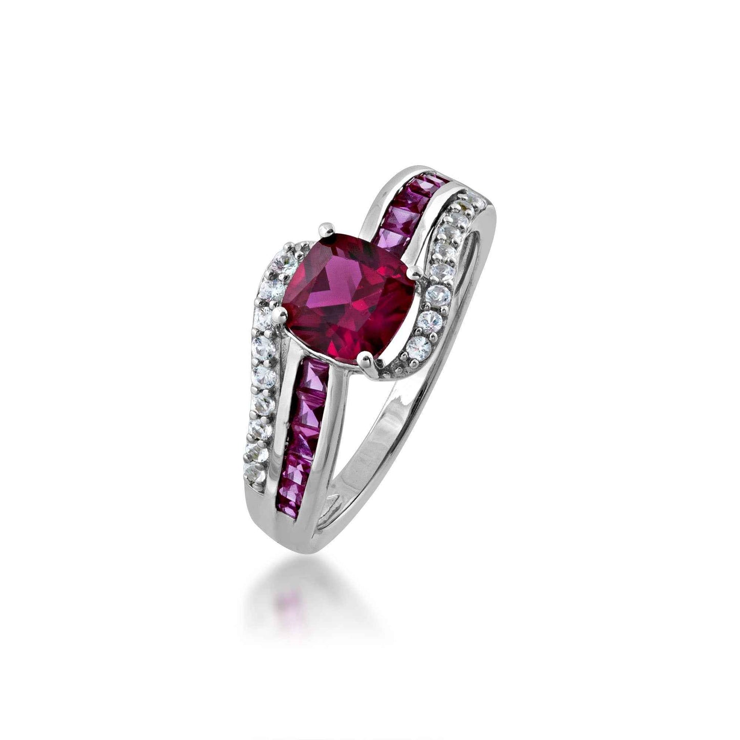 Created Cushion-Cut Ruby and White Sapphire Fashion Ring in Sterling Silver front view