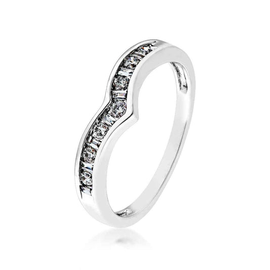 1/4 ct. tw. Round & Straight Baguette Diamond Chevron Style Anniversary Band in 14K White Gold front view